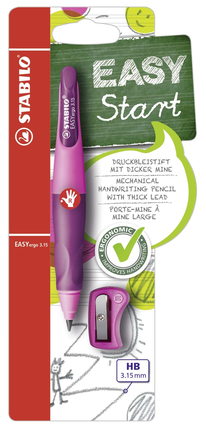 STABILO EASYergo 315 Ergonomic Mechanical Pencil RightHanded Pack of 1 PinkLilac with Sharpener - Image 2