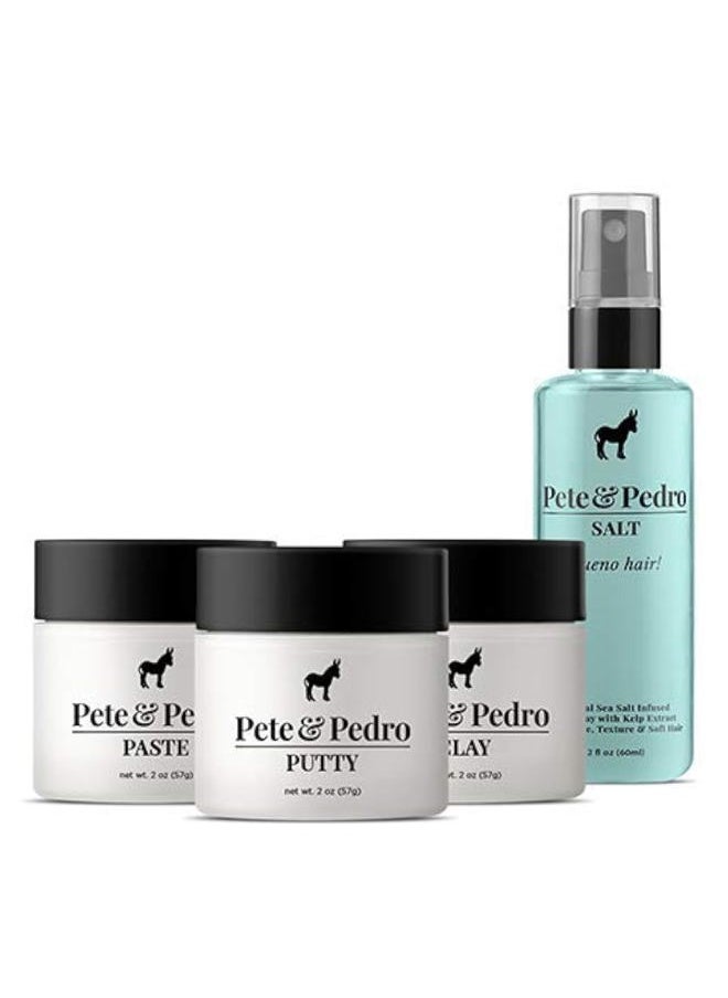 Pete & Pedro CORE FOUR HAIR KIT - Men's Hairstlying Best Of Set | Hair Clay, Paste, Putty, & Sea Salt Spray | As Seen on Shark Tank, 2 oz. Each  - Image 1