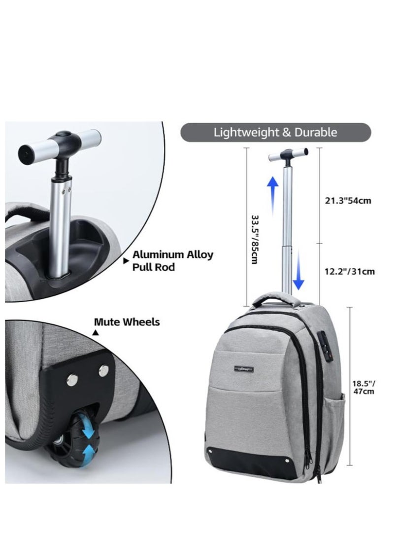 lychee Rolling Backpack-Adult Business Laptop Backpack with Wheels-18 inch Invisible Shoulder Strap Waterproof Backpack with Roller-Trolley Suitcase Travel Bag,Grey  - Image 2