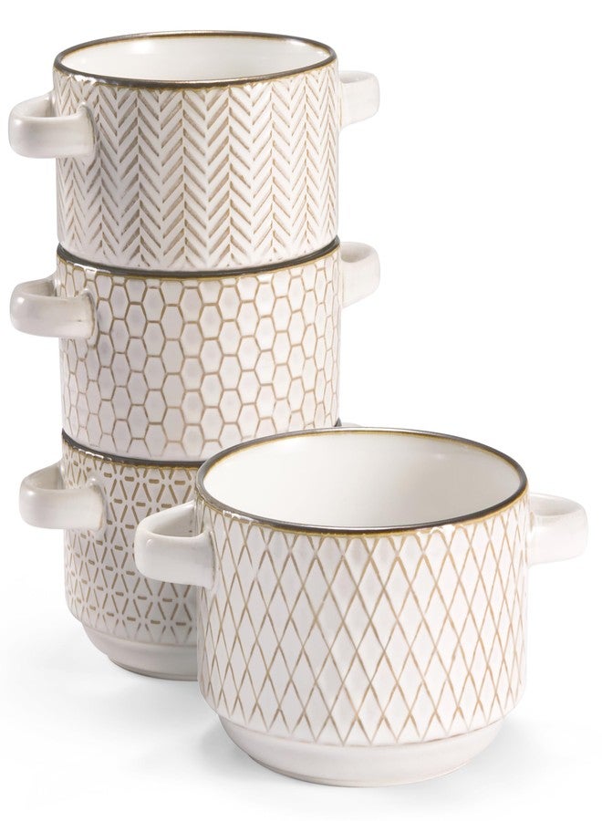 KooK Ceramic Soup Bowls with Handles, Embossed, for French Onion Soup, Pastas, Ramen, Stews, Microwave & Dishwasher Safe, Ivory with Hand-Painted Rim, Set of 4, 24 oz, Narbonne Collection - Image 1