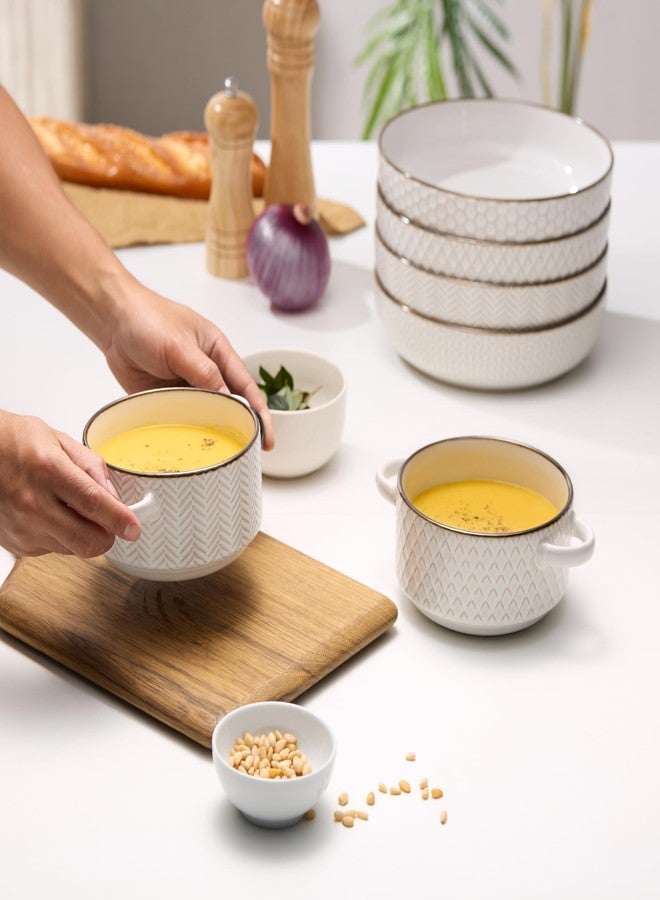 KooK Ceramic Soup Bowls with Handles, Embossed, for French Onion Soup, Pastas, Ramen, Stews, Microwave & Dishwasher Safe, Ivory with Hand-Painted Rim, Set of 4, 24 oz, Narbonne Collection - Image 2