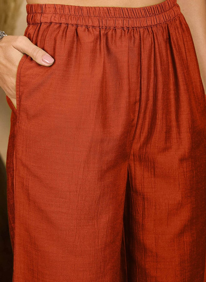 WineRed Rust Embroidered Three-Quarter Sleeve Shirt with Trousers - Image 3
