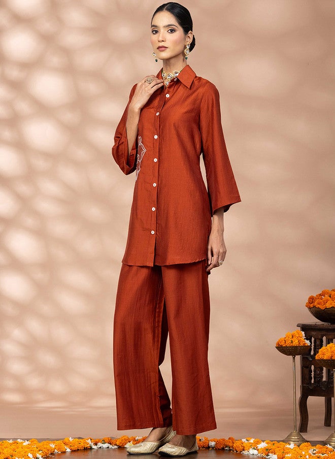 WineRed Rust Embroidered Three-Quarter Sleeve Shirt with Trousers - Image 5