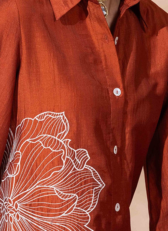 WineRed Rust Embroidered Three-Quarter Sleeve Shirt with Trousers - Image 2