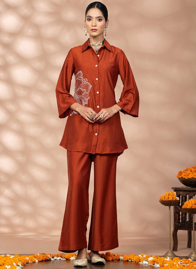 WineRed Rust Embroidered Three-Quarter Sleeve Shirt with Trousers - Image 1