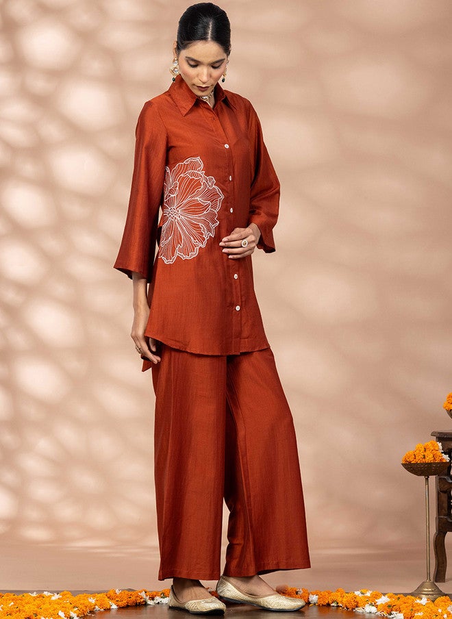 WineRed Rust Embroidered Three-Quarter Sleeve Shirt with Trousers - Image 4
