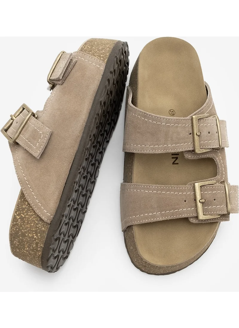 MARJIN Women's Genuine Leather Double-Strap Cork Sole Casual Slippers Roneta