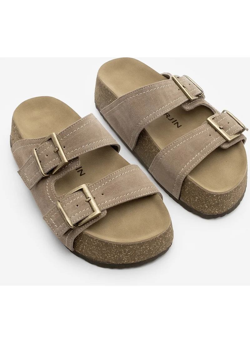 MARJIN Women's Genuine Leather Double-Strap Cork Sole Casual Slippers Roneta