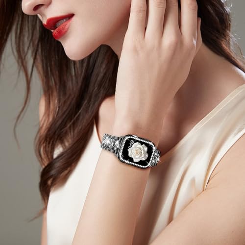 Mosonio Compatible with Apple Watch Band 44mm with Case Women, Jewelry Replacement Metal Wristband Strap with 2 Pack Bling PC Protective Cover for iWatch Series 6/5/4(Black) - Image 3