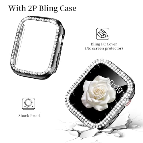 Mosonio Compatible with Apple Watch Band 44mm with Case Women, Jewelry Replacement Metal Wristband Strap with 2 Pack Bling PC Protective Cover for iWatch Series 6/5/4(Black) - Image 5