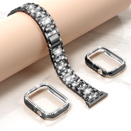 Mosonio Compatible with Apple Watch Band 44mm with Case Women, Jewelry Replacement Metal Wristband Strap with 2 Pack Bling PC Protective Cover for iWatch Series 6/5/4(Black) - Image 4
