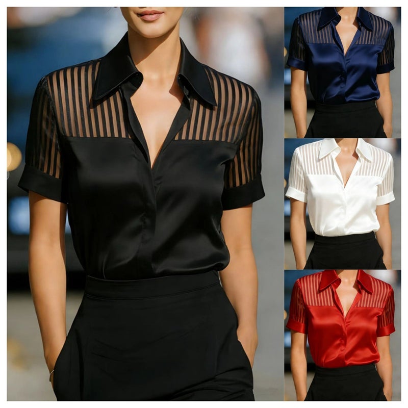 V Neck Satin Striped Sheer Short Sleeve Blouse