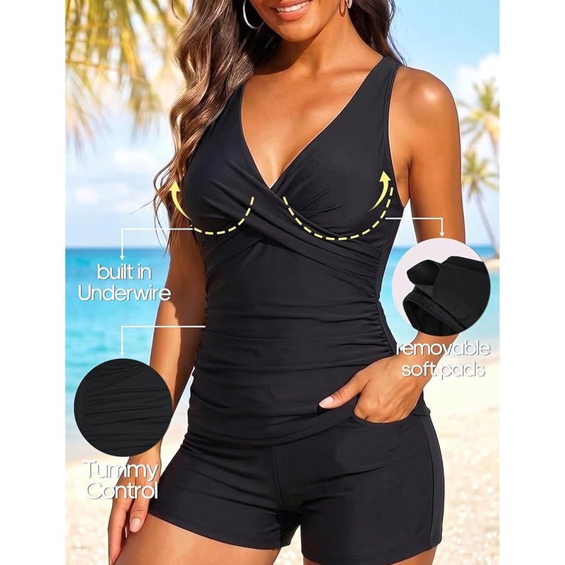 Hilor Women's Underwire Tankini Top Tummy Control Bathing Suits Sexy V Neck Crossover Swim Top Only - Image 5