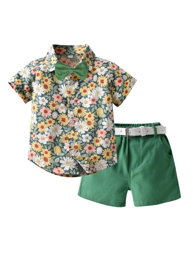 KUYING New Short Sleeved Shirt Belt Shorts Two-Piece Set 