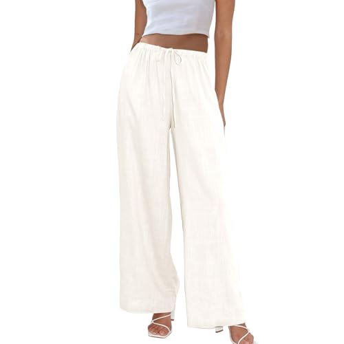 Duyang Womens Cotton Linen Palazzo Pants Drawstring Elastic Waist Casual Wide Leg Trousers with Pockets(Apricot,M) - Image 1