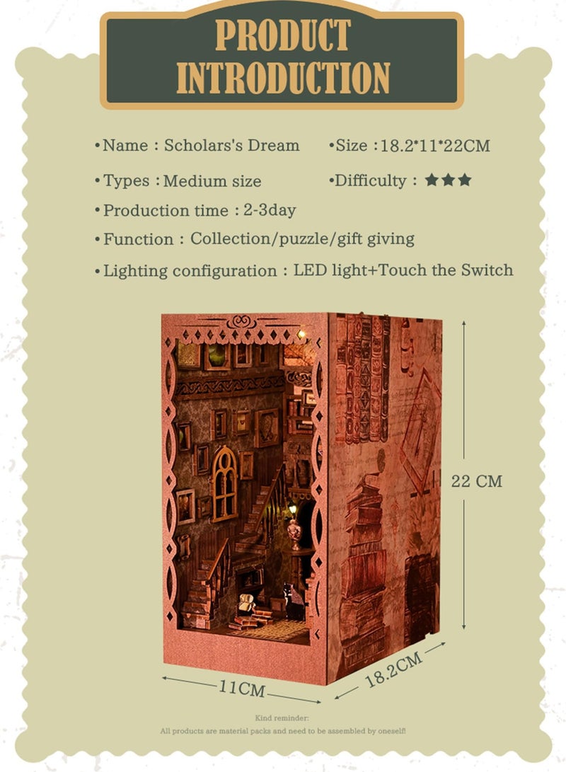 Creative DIY 3D Wooden Book Nook Kit with LED Light, Miniature Bookshelf Insert and Dollhouse Puzzle for Teens, Adults and Kids, Perfect Gift for Puzzle Lovers - Image 2
