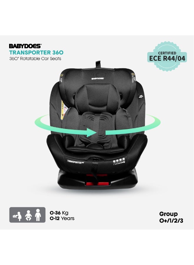 Babydoes Transporter 360° - Rotating Baby Car Seat with ISOFIX, Smart Safety Alarm, 0-12 Years, Up to 36 kg, Black - Image 1