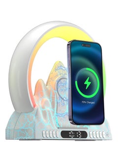 Alarm Clock with Wireless Charging 12/24H White Noise Sleep Soothing Sound Sunrise Alarm Clock with BT5.0 Speaker FM Radio Colourful LED Dormitory Nightlight