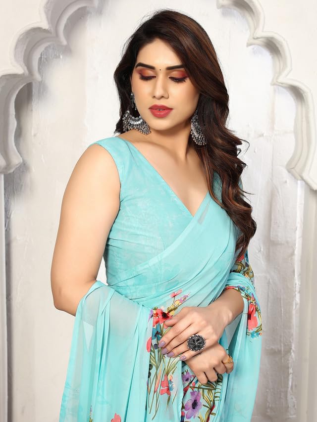 Satrani Women's Geoegette Floral Print Saree with Unstitched Blouse Piece (3112S2155NA_Sky Blue1) - Image 5