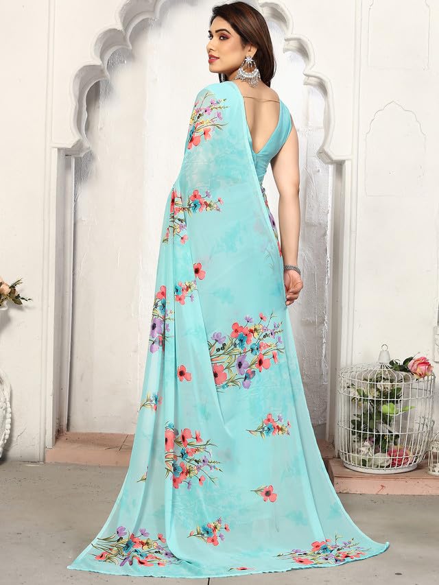 Satrani Women's Geoegette Floral Print Saree with Unstitched Blouse Piece (3112S2155NA_Sky Blue1) - Image 3