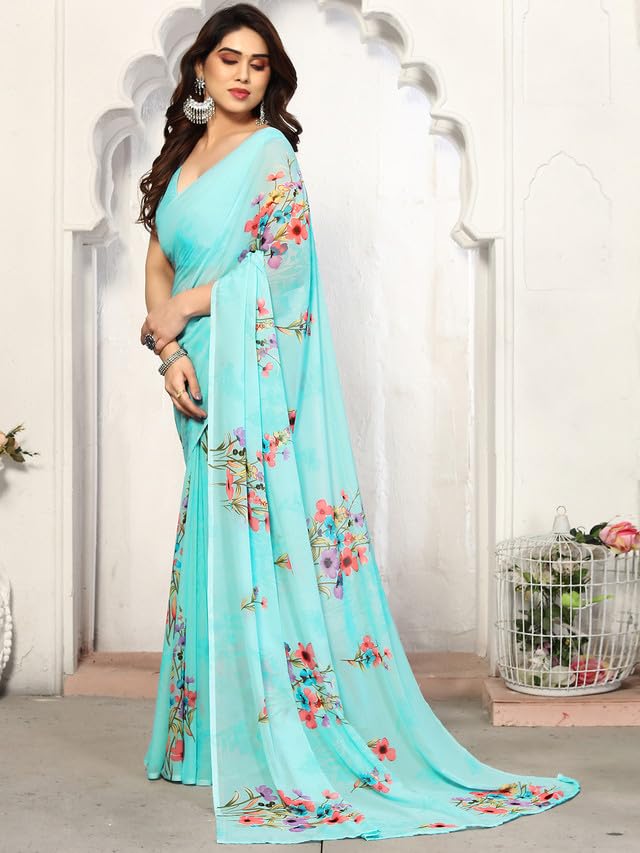 Satrani Women's Geoegette Floral Print Saree with Unstitched Blouse Piece (3112S2155NA_Sky Blue1) - Image 2