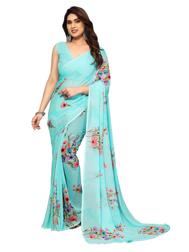 Satrani Women's Geoegette Floral Print Saree with Unstitched Blouse Piece (3112S2155NA_Sky Blue1) - Image 1