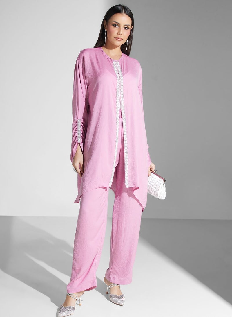 hayas closet Embellished Rushed Sleeve Shirt & Pant Set - Image 5