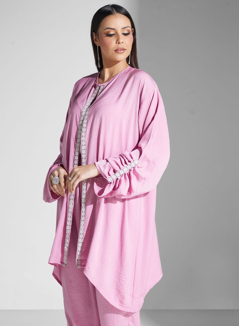 hayas closet Embellished Rushed Sleeve Shirt & Pant Set - Image 3
