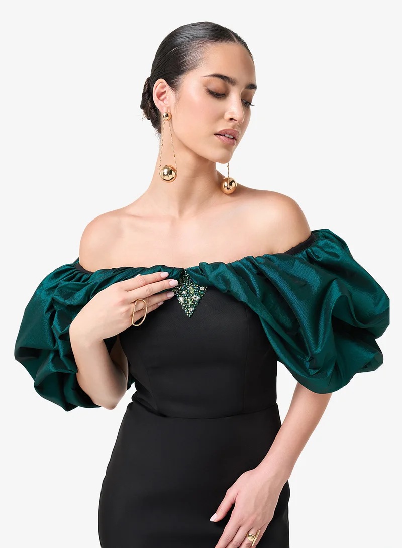 Threadz by Ajooni  Puffed Sleeve Detail Off Shoulder Maxi Dress for Women | Best Price UAE