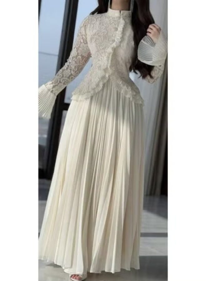 Cutie Elegant Long Cream Evening Dress with Luxurious Lace and Long Sleeves - Image 1