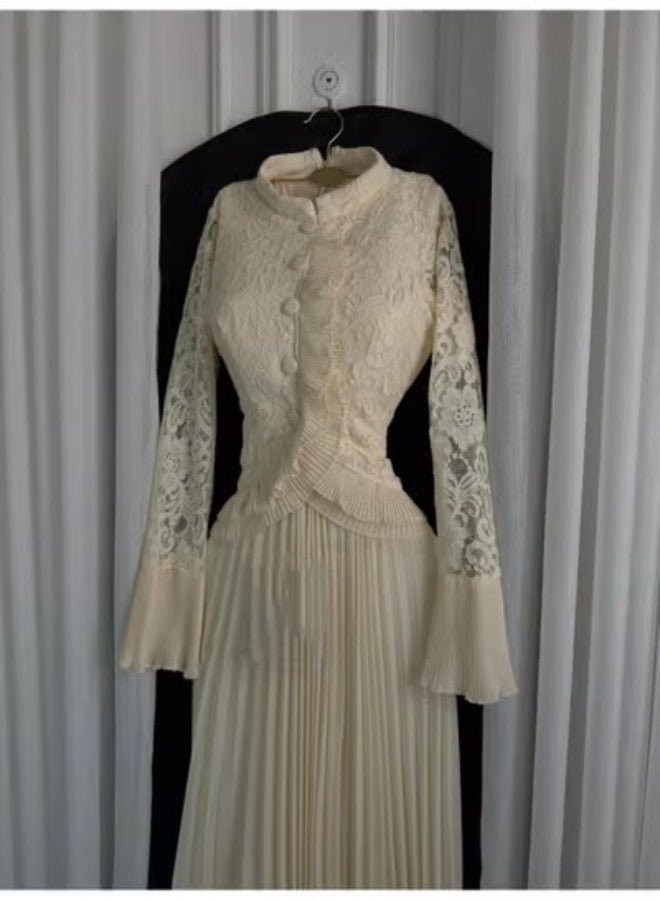 Cutie Elegant Long Cream Evening Dress with Luxurious Lace and Long Sleeves - Image 3