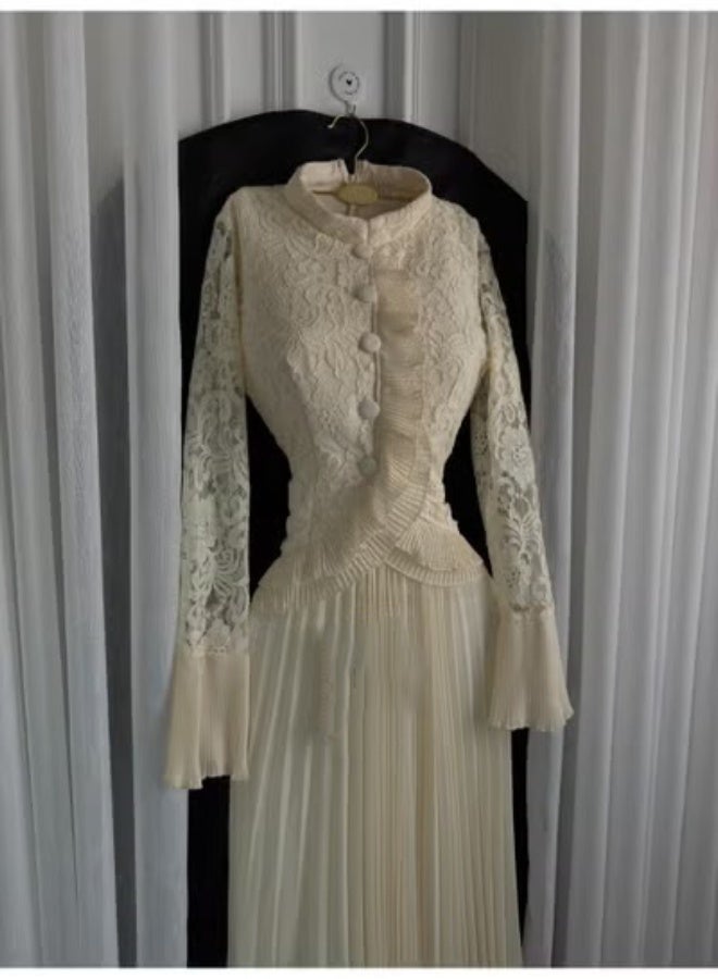 Cutie Elegant Long Cream Evening Dress with Luxurious Lace and Long Sleeves - Image 4
