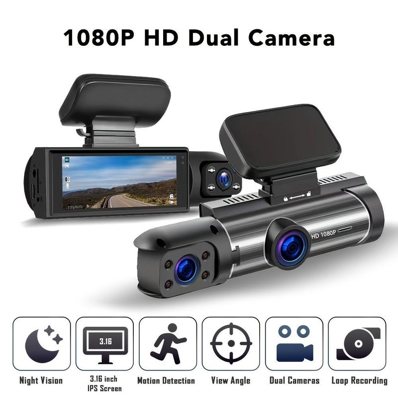 1080P HD Dual Lens Car Dash Camera With 64GB Memory Card Infrared Night Vision Loop Recording Wide Angle 3.16 Inch IPS Display Front And Interior Vehicle DVR - Image 1