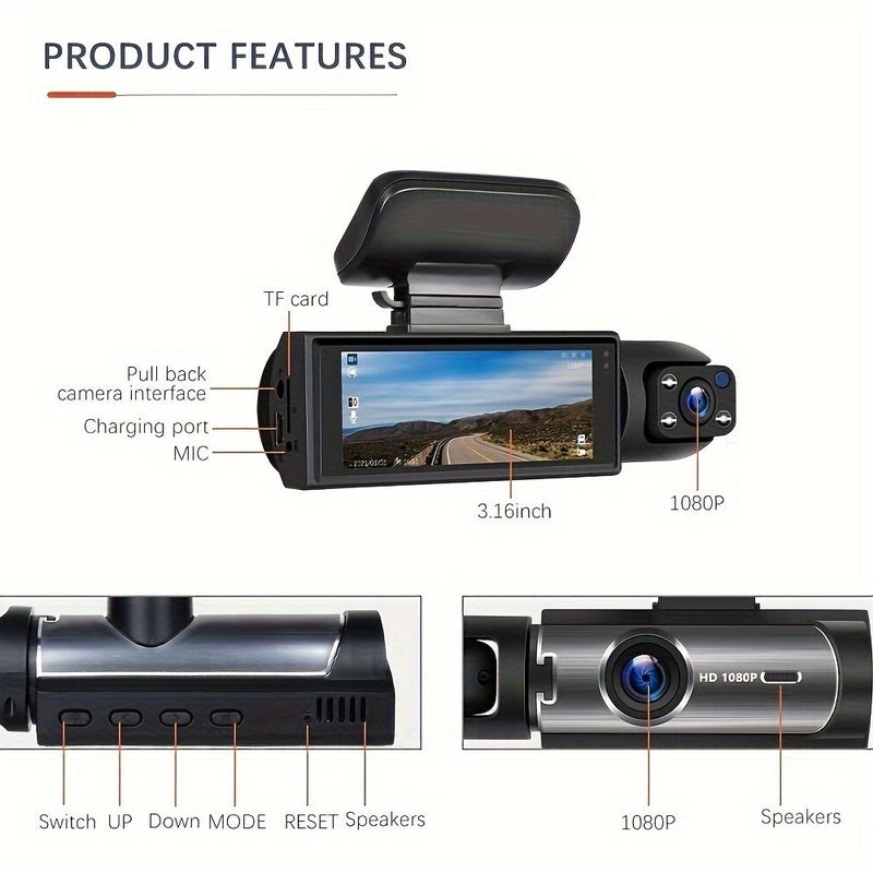 1080P HD Dual Lens Car Dash Camera With 64GB Memory Card Infrared Night Vision Loop Recording Wide Angle 3.16 Inch IPS Display Front And Interior Vehicle DVR - Image 5