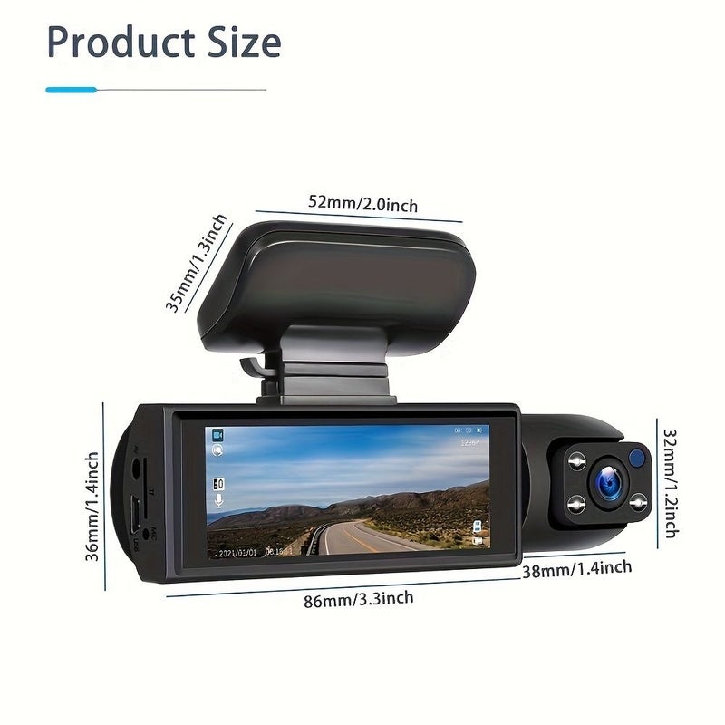 1080P HD Dual Lens Car Dash Camera With 64GB Memory Card Infrared Night Vision Loop Recording Wide Angle 3.16 Inch IPS Display Front And Interior Vehicle DVR - Image 4