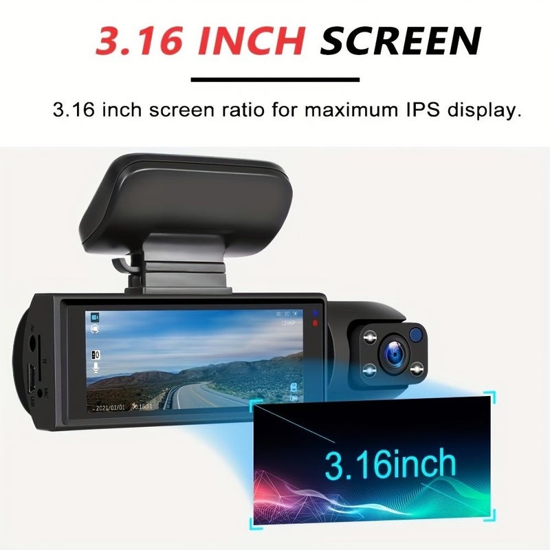 1080P HD Dual Lens Car Dash Camera With 64GB Memory Card Infrared Night Vision Loop Recording Wide Angle 3.16 Inch IPS Display Front And Interior Vehicle DVR - Image 3