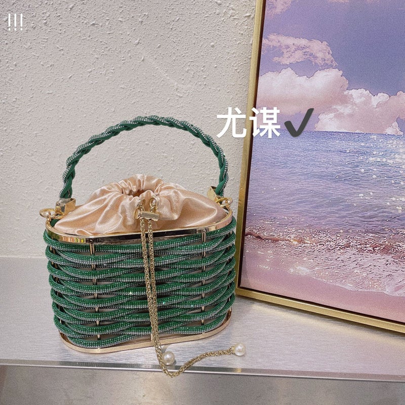 Metal Hollow Shiny Colorful Rhinestone Vegetable Basket Bird Cage Bag Banquet Diamond Bucket Bag Clutch Messenger Bag - Image 1