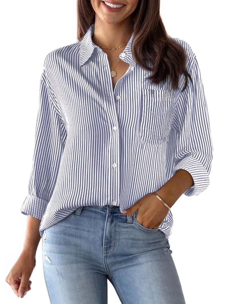Button Down Shirts for Women Striped Dress Shirts Long Sleeve Collared Cotton Blouses Work Business Casual TopsGrey and White S