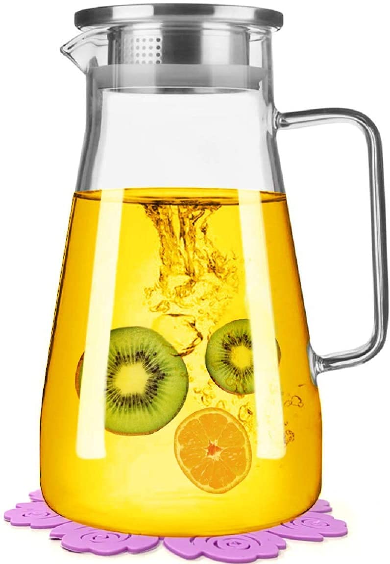 NVRA 18Liter Clear Glass Classical Octagonal Water Jug Glass Iced Tea Pitcher with Stainless Steel Strainer Lid Juice Beverage Carafe Clear_1800ml - Image 1