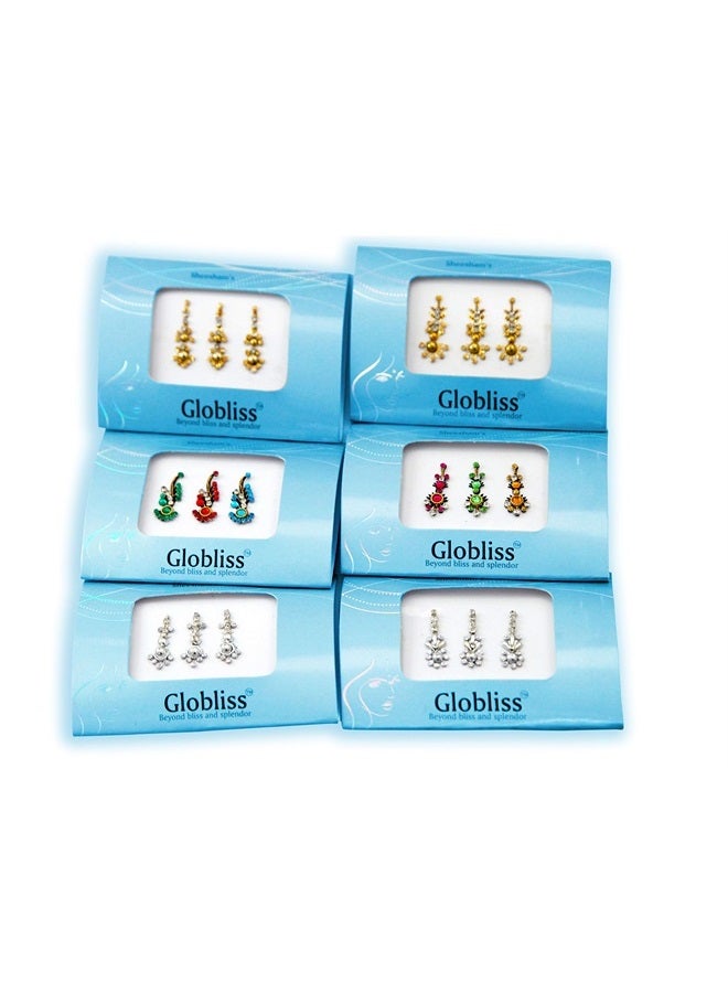 Globliss 6 عبوات مع 18 بيدي هندي طويل لوجه جواهر ملصقات جبهة باللون الفضي والذهبي الملون - Image 1