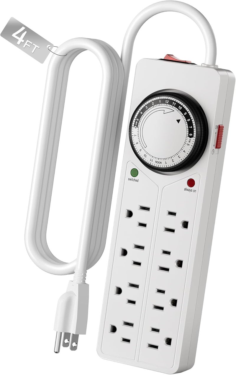 BN-LINK 8 Outlet Surge Protector with Mechanical Timer (4 Outlets Timed, 4 Outlets Always On) - White - Image 1