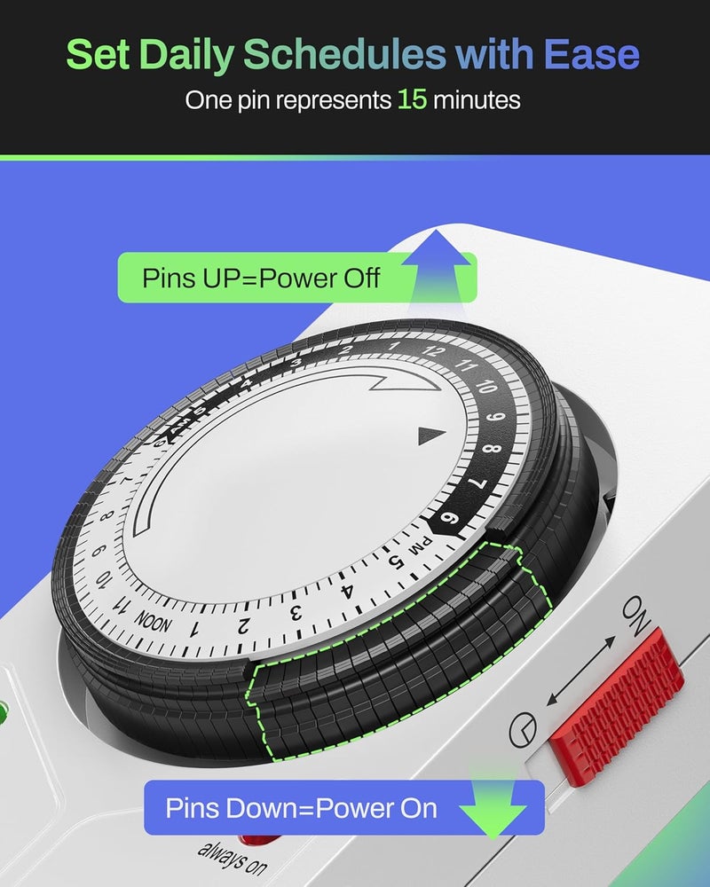 BN-LINK 8 Outlet Surge Protector with Mechanical Timer (4 Outlets Timed, 4 Outlets Always On) - White - Image 3