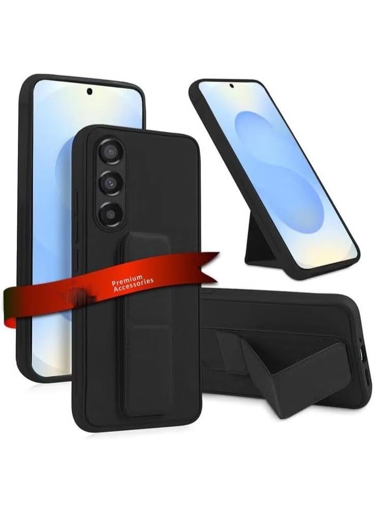 Muzz Samsung Galaxy S25 Edge Back Stand Case Magnetic Car Holder Soft Silicone Horizontal & Vertical Kickstand Cover Wrist Strap Full protection Anti Fingerprint Case Samsung S25 Edge (Black) - Image 1