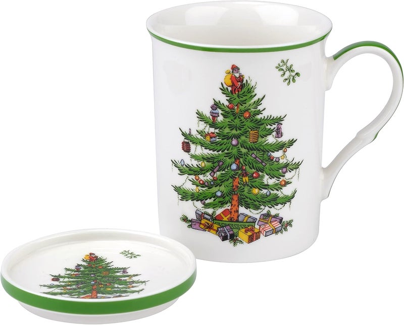 Spode Mugs Unique Official Licensed Christmas Tree Mistletoe Fine Porcelain China Mug Cup And Coaster Set Green2 Piece Set - Image 1
