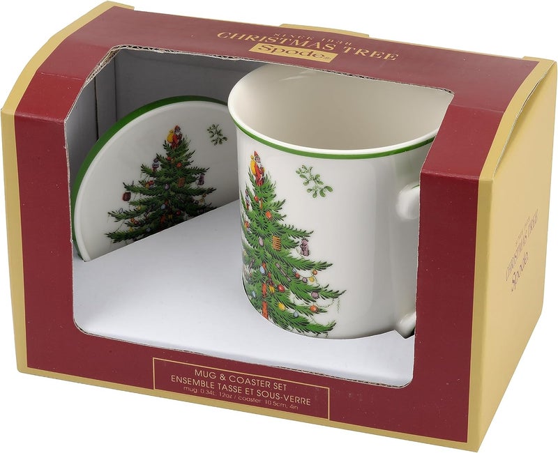 Spode Mugs Unique Official Licensed Christmas Tree Mistletoe Fine Porcelain China Mug Cup And Coaster Set Green2 Piece Set - Image 3