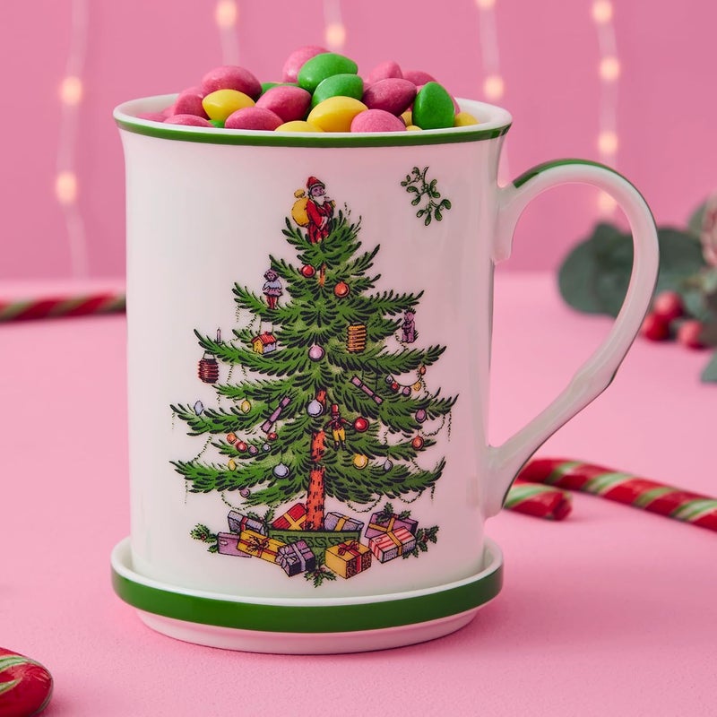 Spode Mugs Unique Official Licensed Christmas Tree Mistletoe Fine Porcelain China Mug Cup And Coaster Set Green2 Piece Set - Image 5