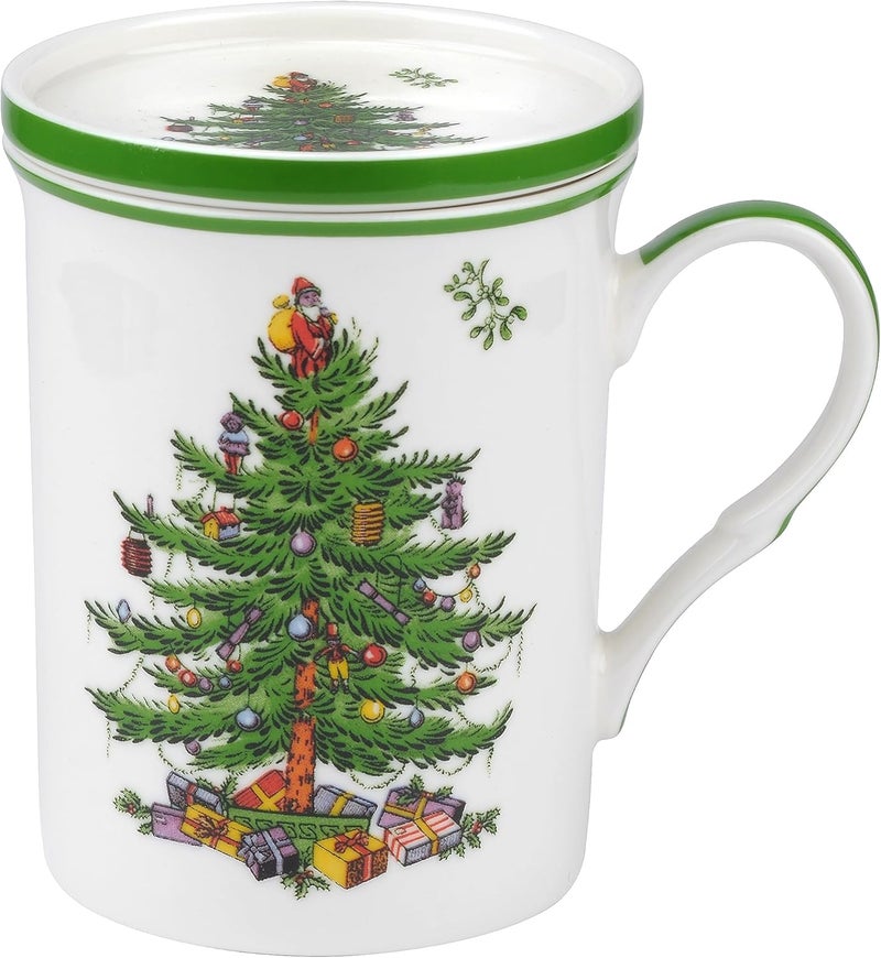 Spode Mugs Unique Official Licensed Christmas Tree Mistletoe Fine Porcelain China Mug Cup And Coaster Set Green2 Piece Set - Image 2
