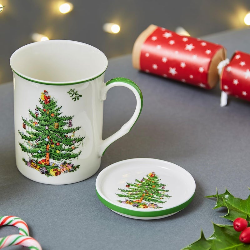 Spode Mugs Unique Official Licensed Christmas Tree Mistletoe Fine Porcelain China Mug Cup And Coaster Set Green2 Piece Set - Image 4