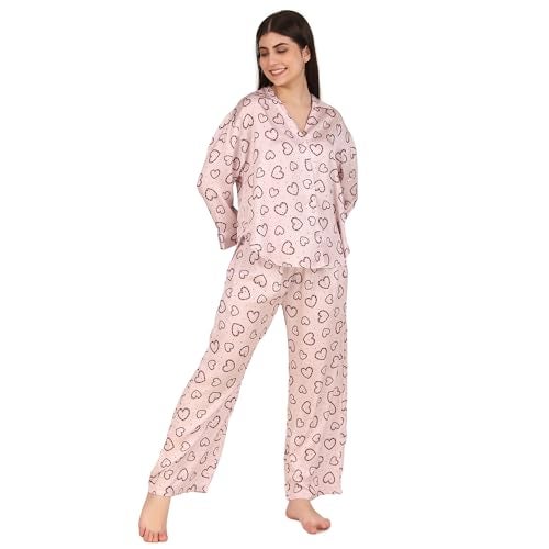Masha Women's Satin Over-Size-Red-Heart Night Suit Top & Pajama Set (Small, Light-Green) - Image 1