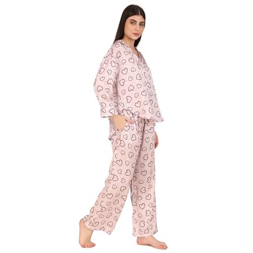 Masha Women's Satin Over-Size-Red-Heart Night Suit Top & Pajama Set (Small, Light-Green) - Image 2